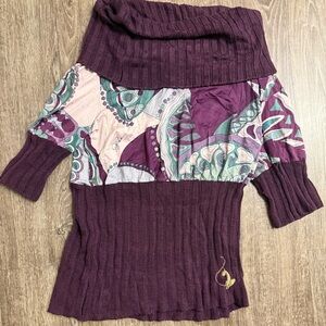 Baby Phat Off Shoulder Sweater Top Y2K Purple Knit Paisley Print Medium Made USA